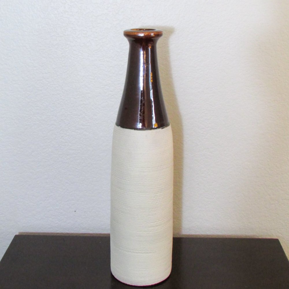 Vintage Farmhouse Upcycled Large Ceramic Brown and White Vase